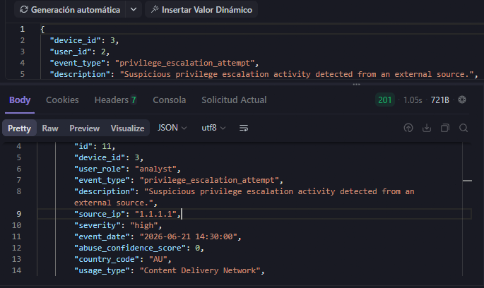 Security event API response